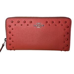 Coach Leather Accordion Zip Wallet With Studs Coral 7.5x4x1 Summer Spring EUC